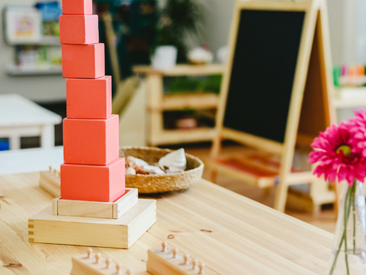 Montessori-Pink-Tower-in-the-classroom-on-the-shelf