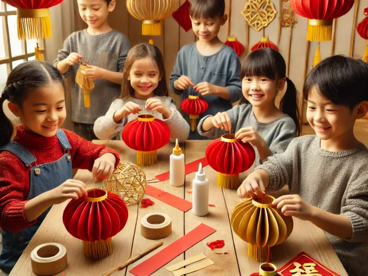 A group of children engaged in a lantern-making activity inspired by Montessori principles. The scene features red and gold paper materials, scissors,